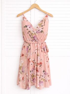 Boutique Floral Wrap Dress Pink Sleeveless Flowy Boho Summer Garden Party Large